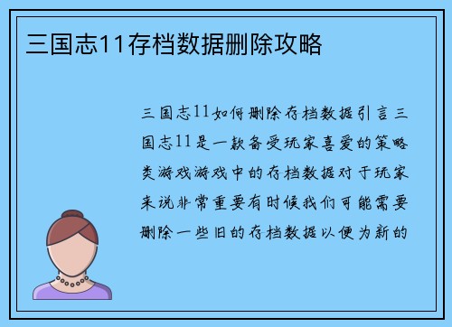 三国志11存档数据删除攻略
