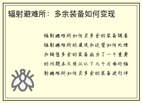 辐射避难所：多余装备如何变现